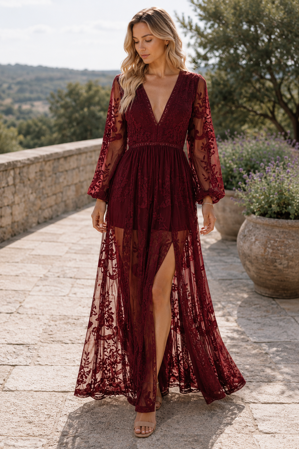 Women's lace maxi dress with sheer long sleeves