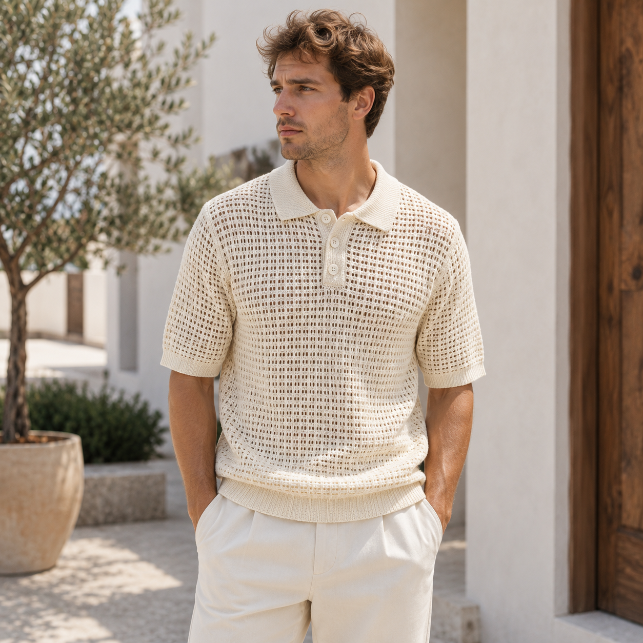 Men's ribbed knit polo shirt with open neckline
