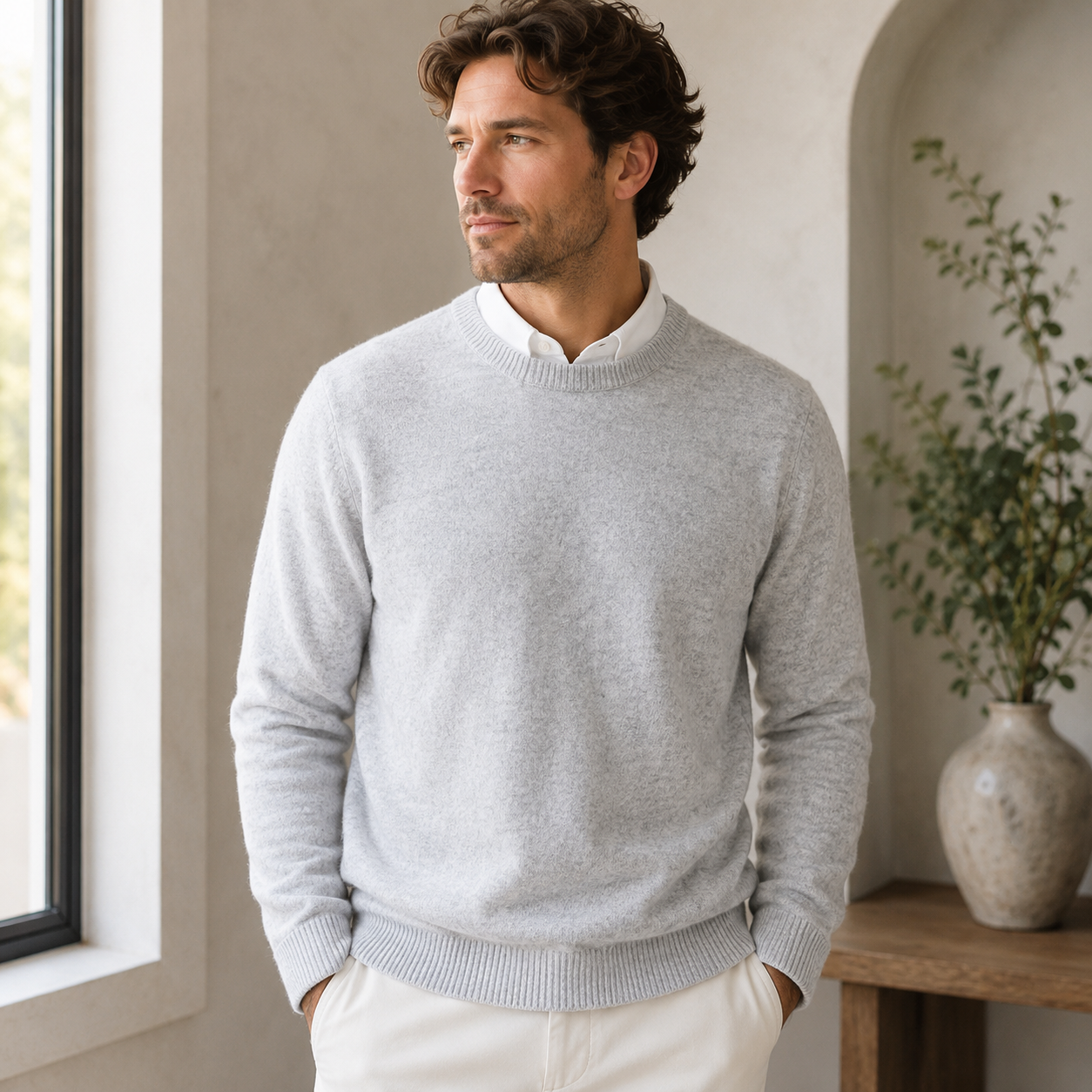 Knitted men's round neck sweater in a straight everyday fit, front-facing view