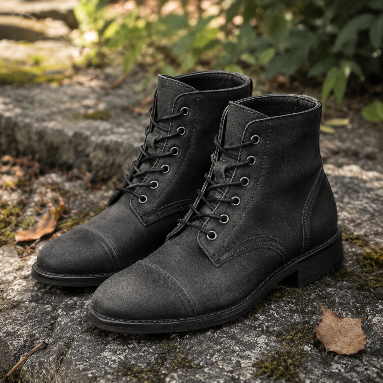 Men's leather lace-up boots with ankle-height shaft and smooth upper surface