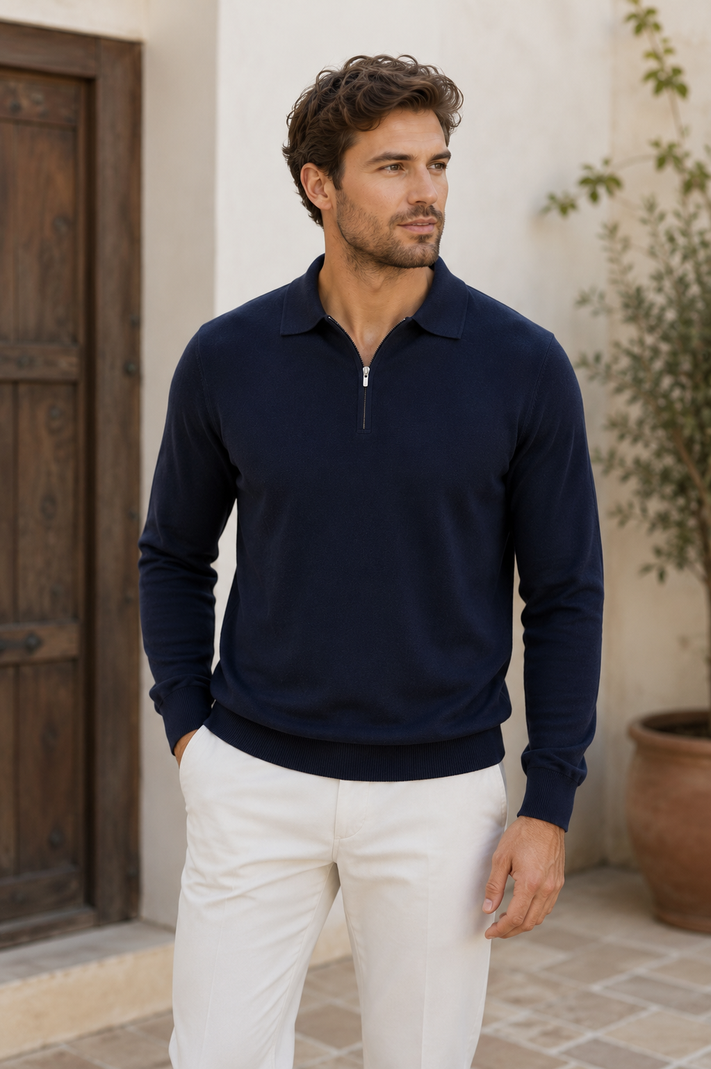 Men's long-sleeved zip sweater with textured cotton-blend knit and mock neck collar