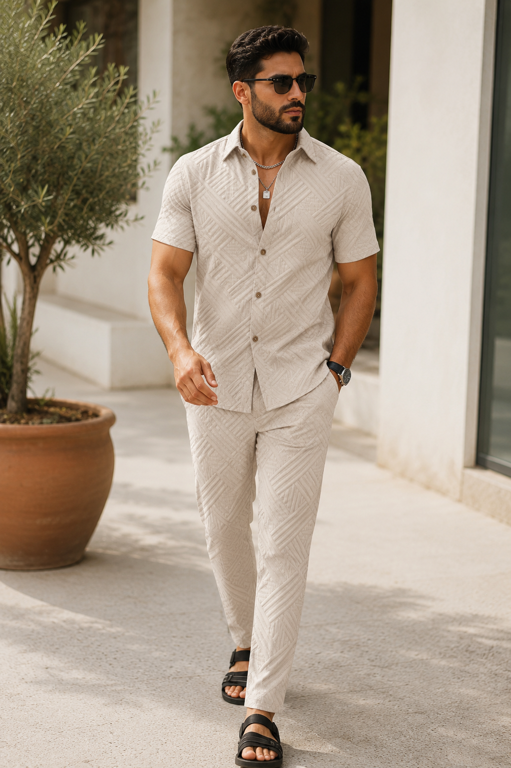 Men's two-piece set with button shirt and matching pants