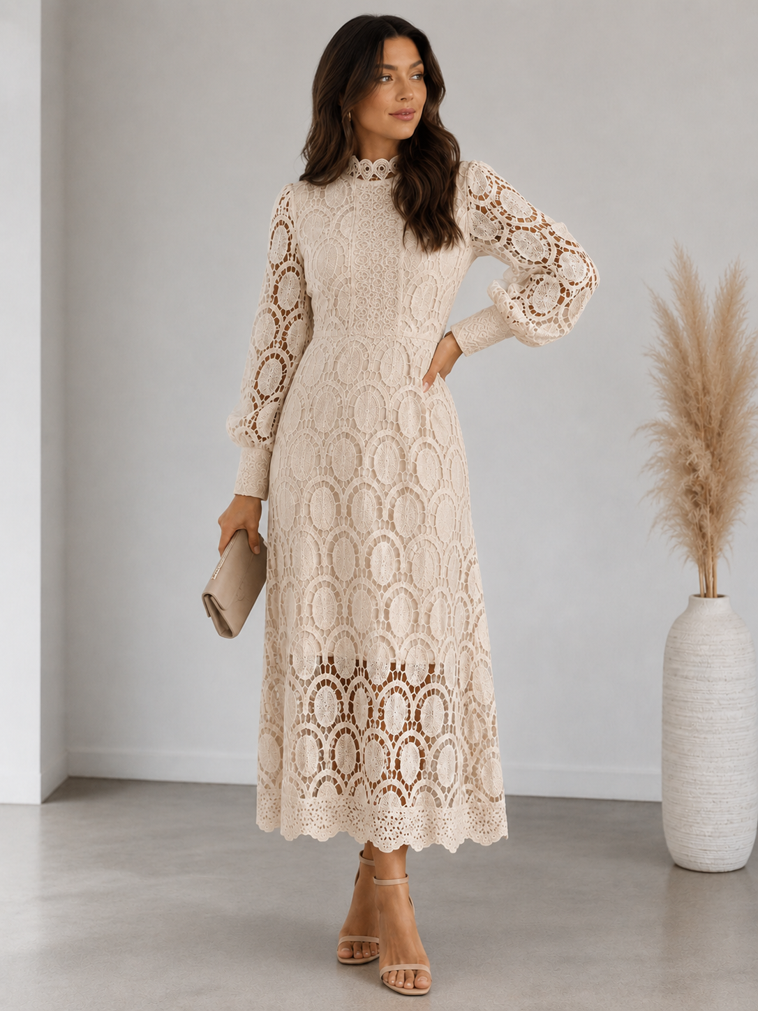 Lace Stand Collar Long Sleeve Midi Dress Women