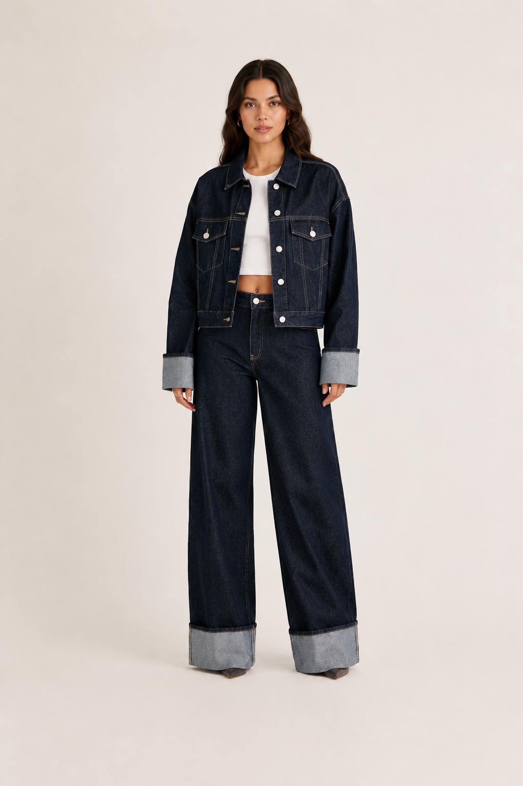 Denim set with cropped jacket and wide-leg jeans for women