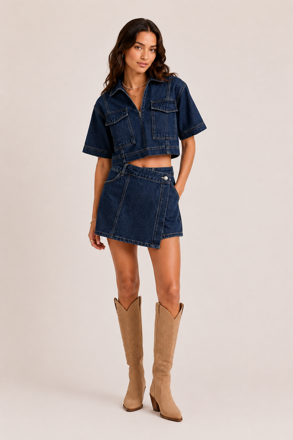 Women's denim set with cropped top and mini skirt