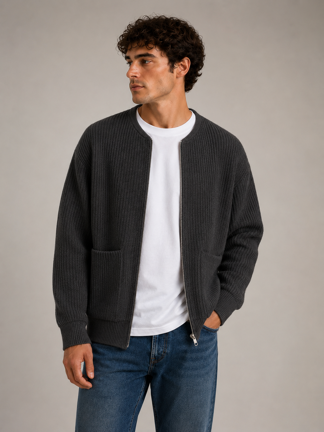 Close-up of men's ribbed knit zip cardigan showing zipper detail and structured knit texture