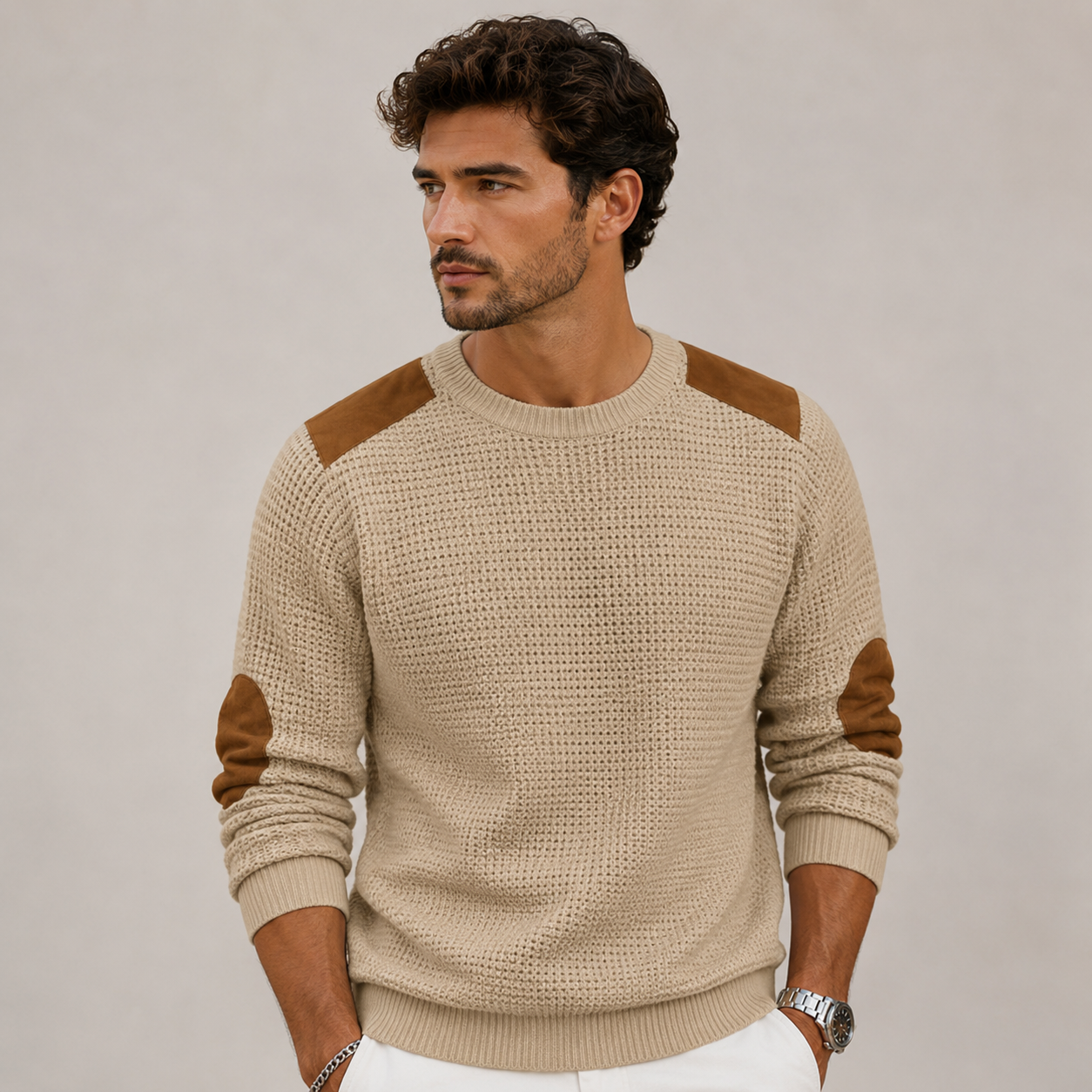 Textured knit men's sweater showing elbow contrast panel and relaxed regular fit