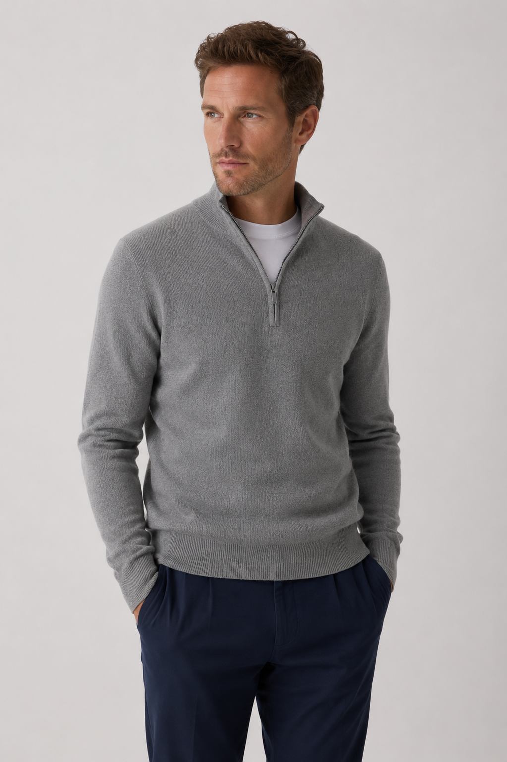 Men's zip-collar knitted sweater in blue — casual everyday wear, soft cotton blend, regular fit
