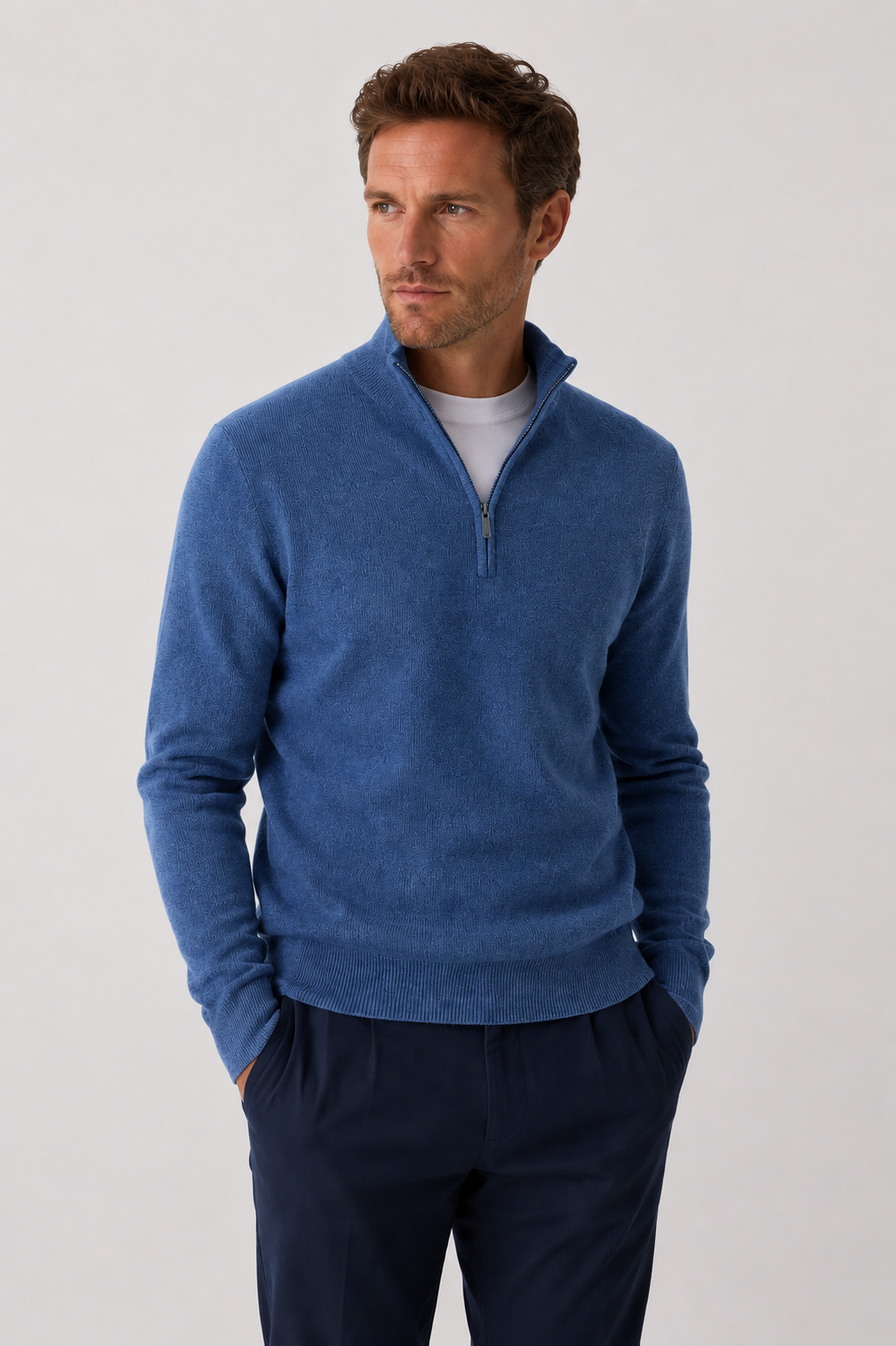 Men's knitted sweater with stand-up zipper collar in black — autumn winter mid-layer, cotton-polyester