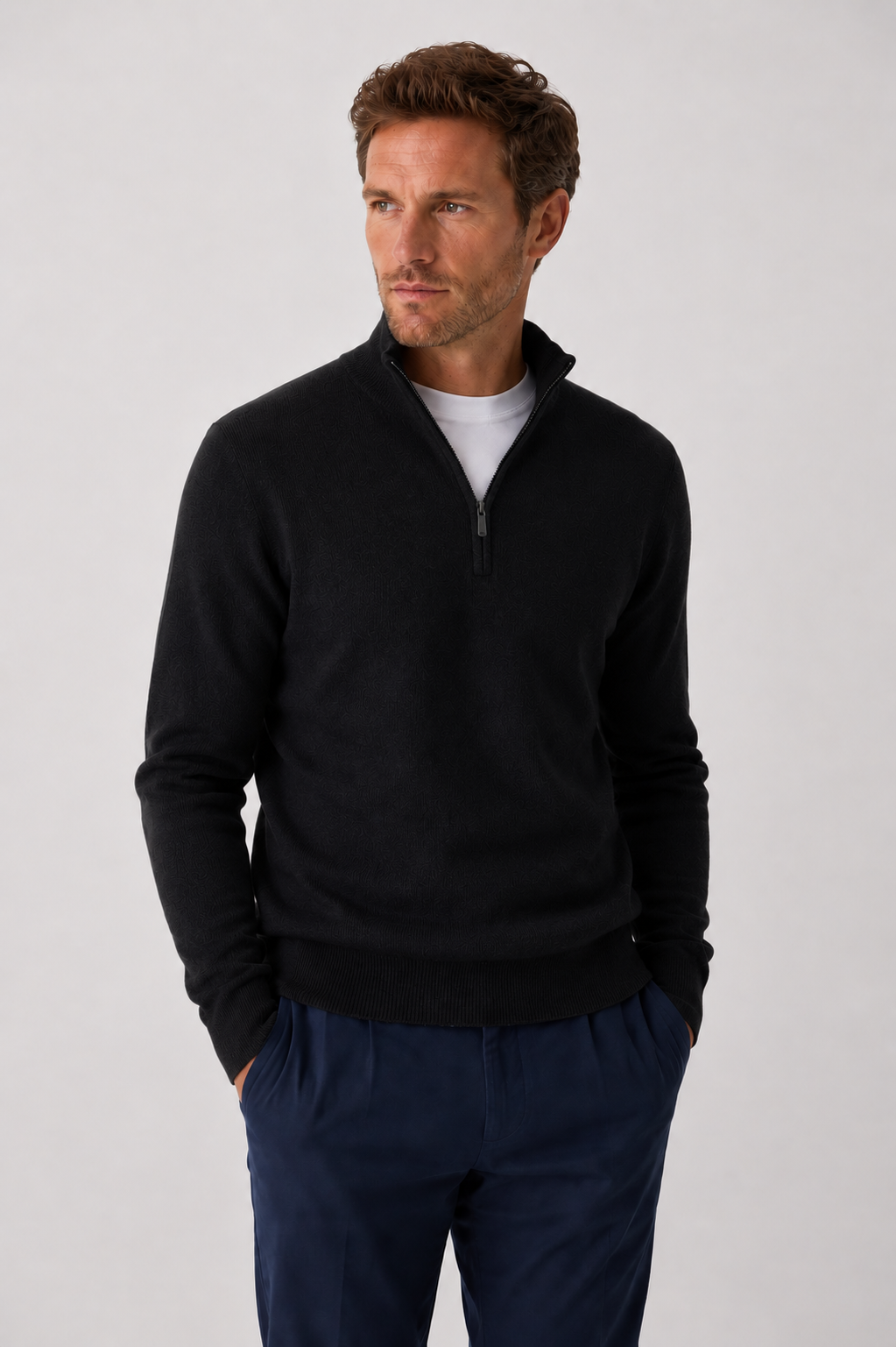 Men's zip-collar sweater in grey — knitted cotton blend, relaxed regular fit,