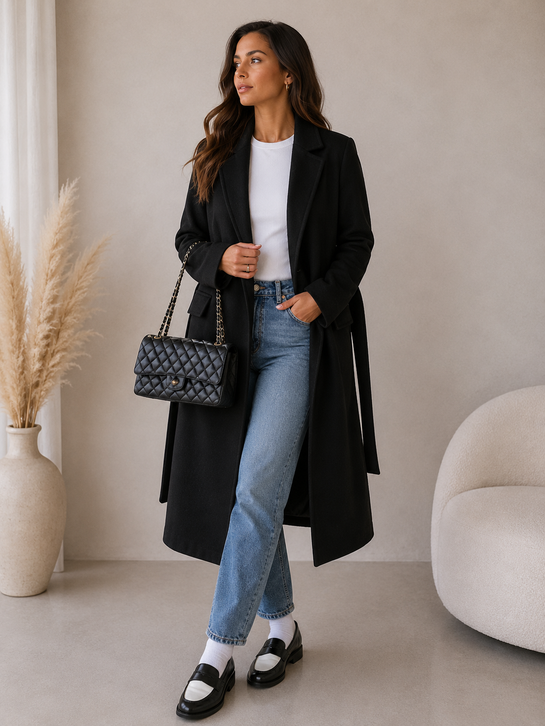 Women's long polyester coat styled for autumn and winter layering