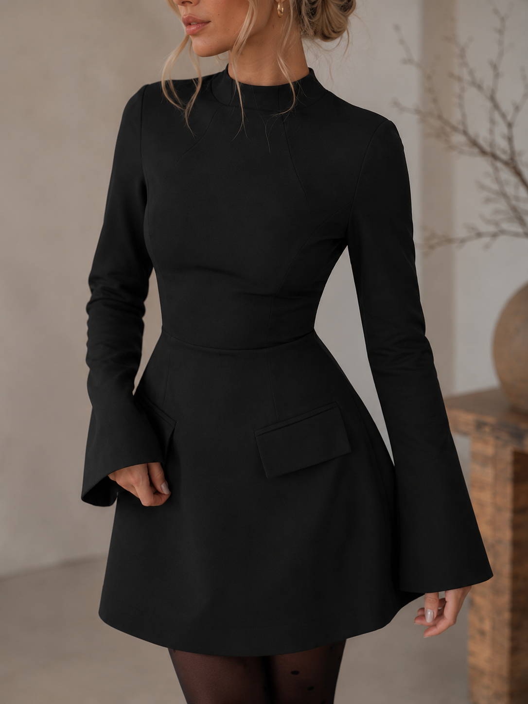 Women's short woven dress with long sleeves, high collar, and regular fit for everyday wear
