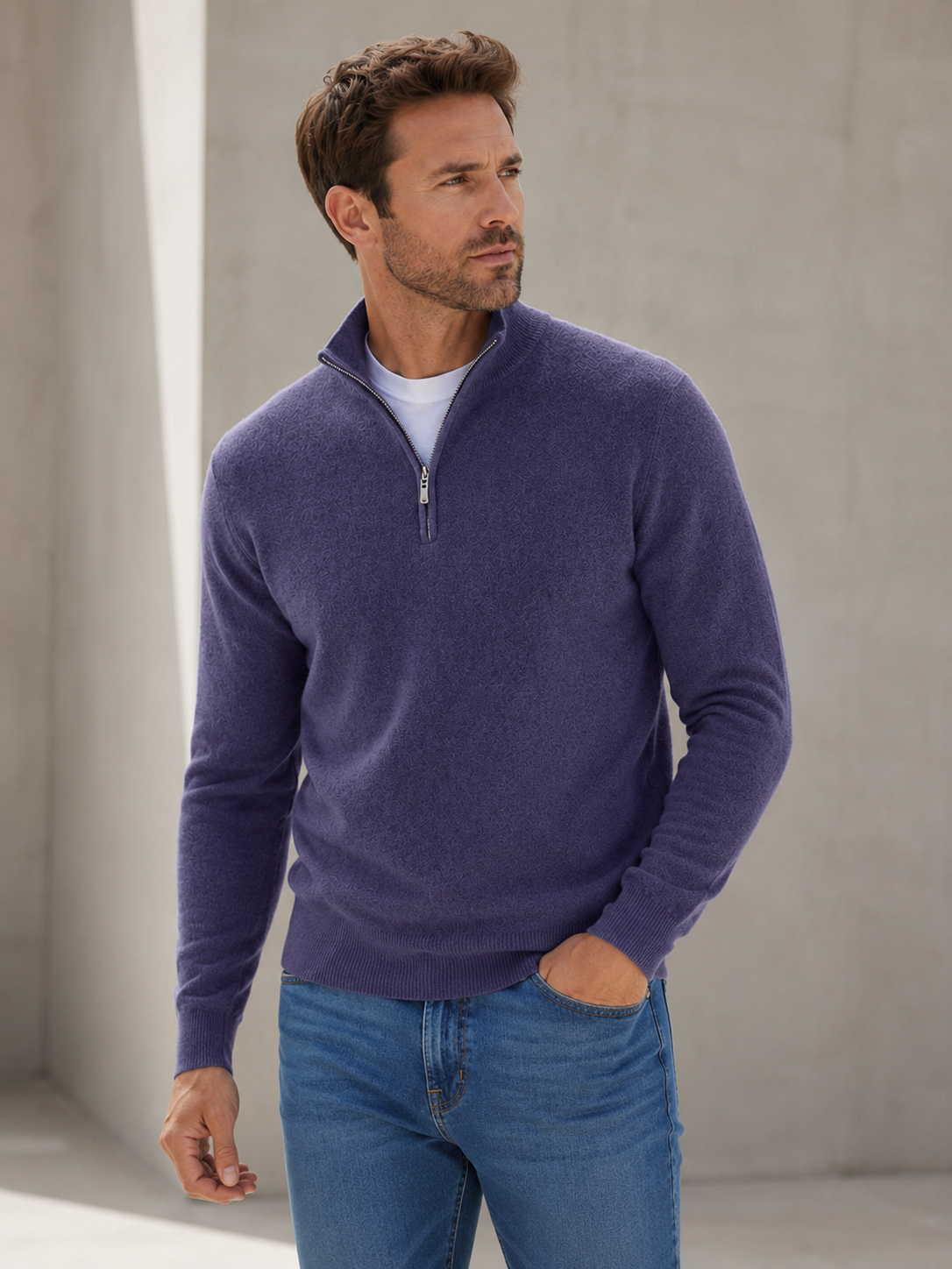 Men's wool-blend half-zip sweater with high collar, worn by a male model, front-facing full-body view