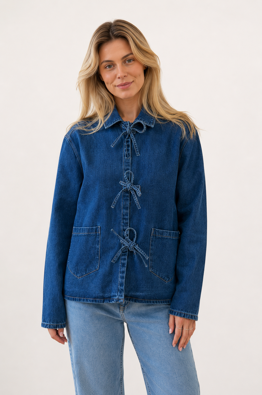 Women's denim jacket with front tie-detail and patch pockets
