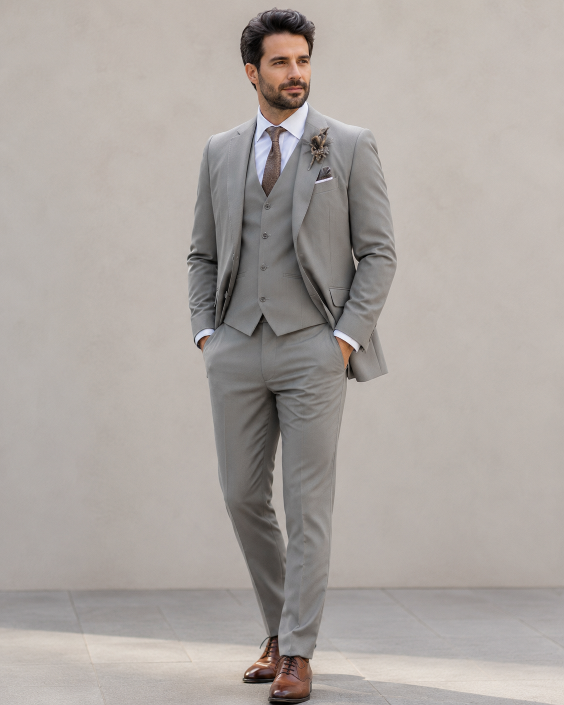 Men's tailored 3-piece suit set with notch lapel jacket, buttoned vest, and slim-fit trousers