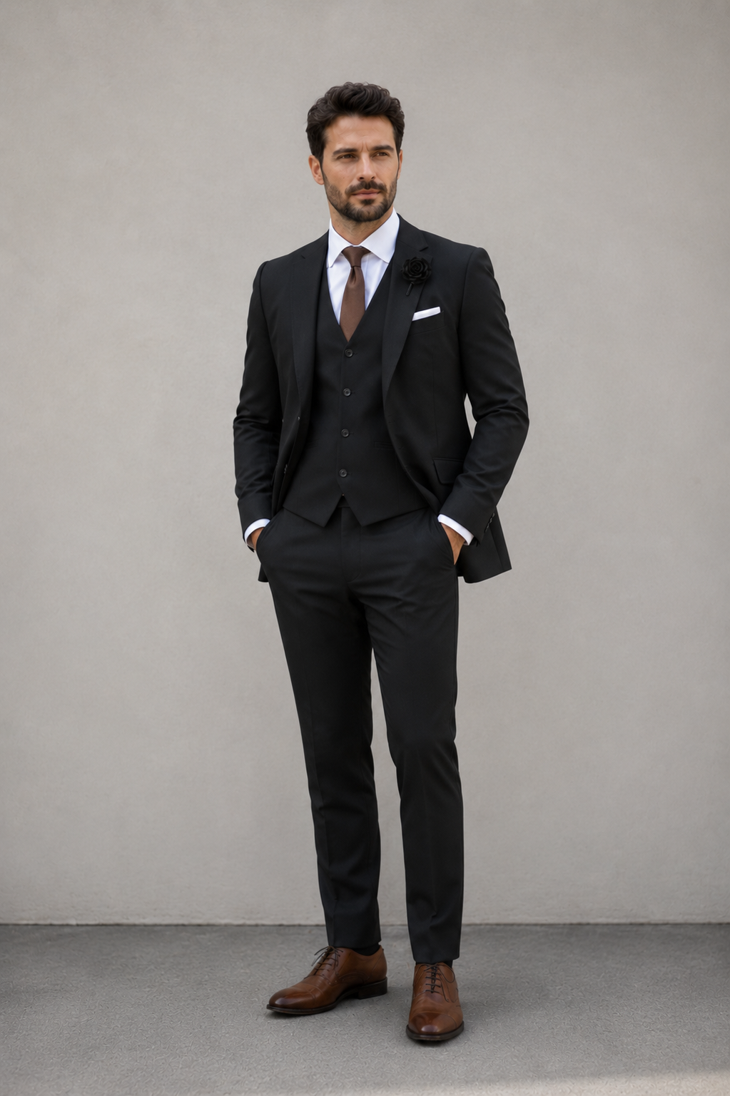 Tailored men's 3-piece suit set with structured jacket, vest, and full-length trousers for formal occasions