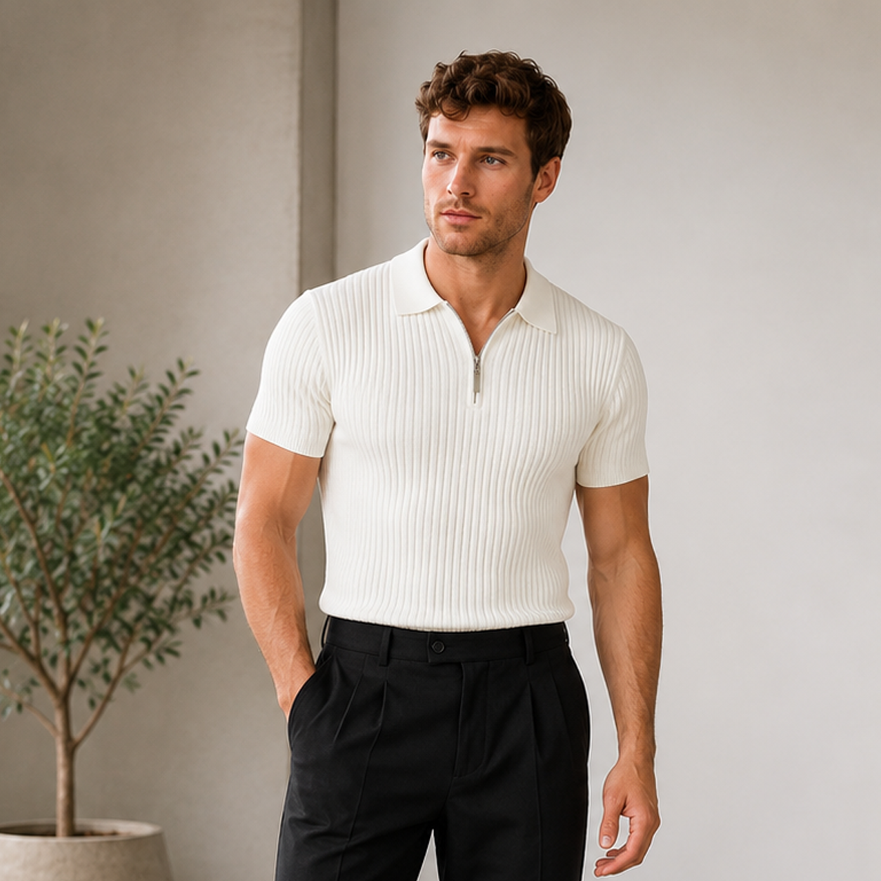 Men's ribbed zip-up polo shirt with short sleeves, classic polo collar, and vertical rib-knit texture