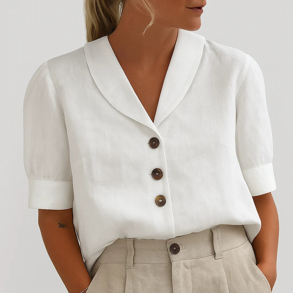 Women's white button-front summer shirt with short sleeves