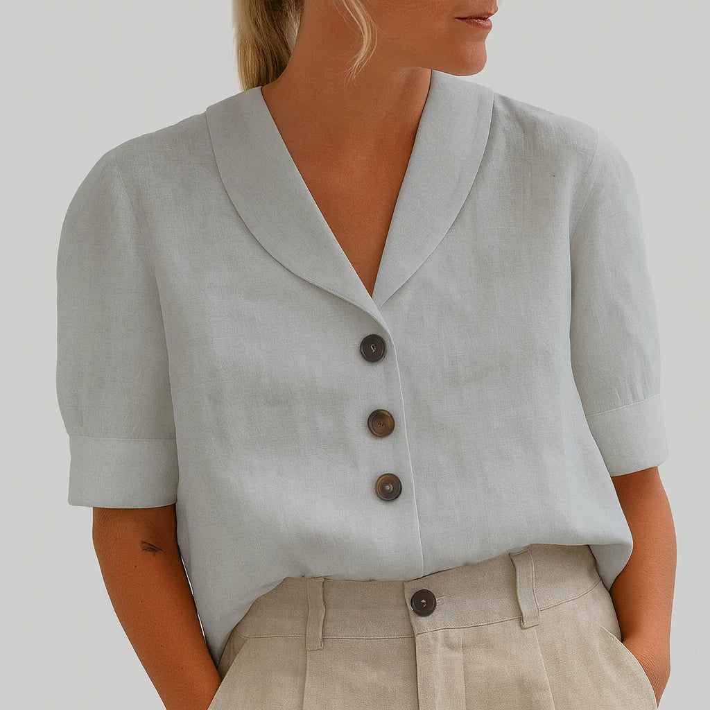 Women's gray button-front short sleeve summer shirt