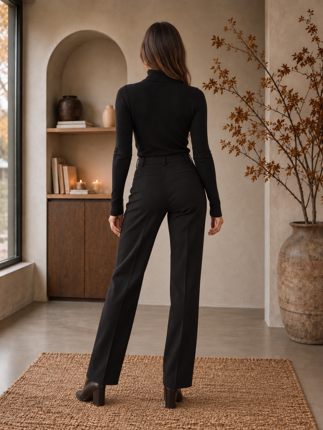 Women's black fitted turtleneck sweater back view