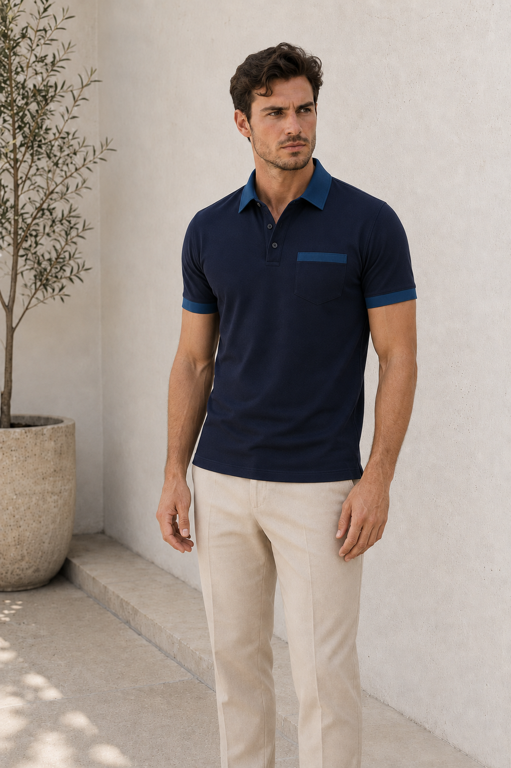 Navy blue classic polo shirt men with contrast trim