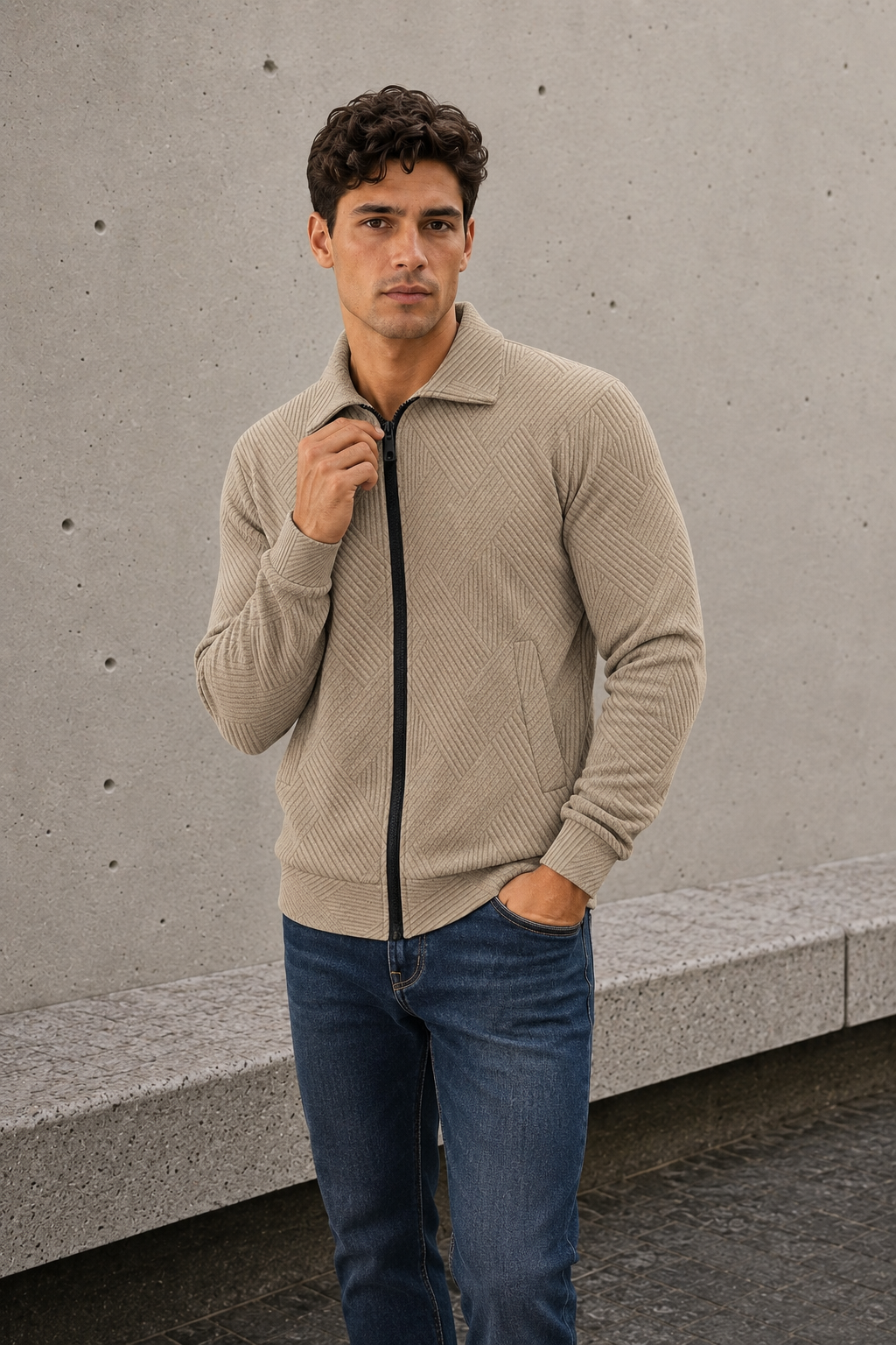 Men's khaki ribbed cardigan worn with a casual outfit