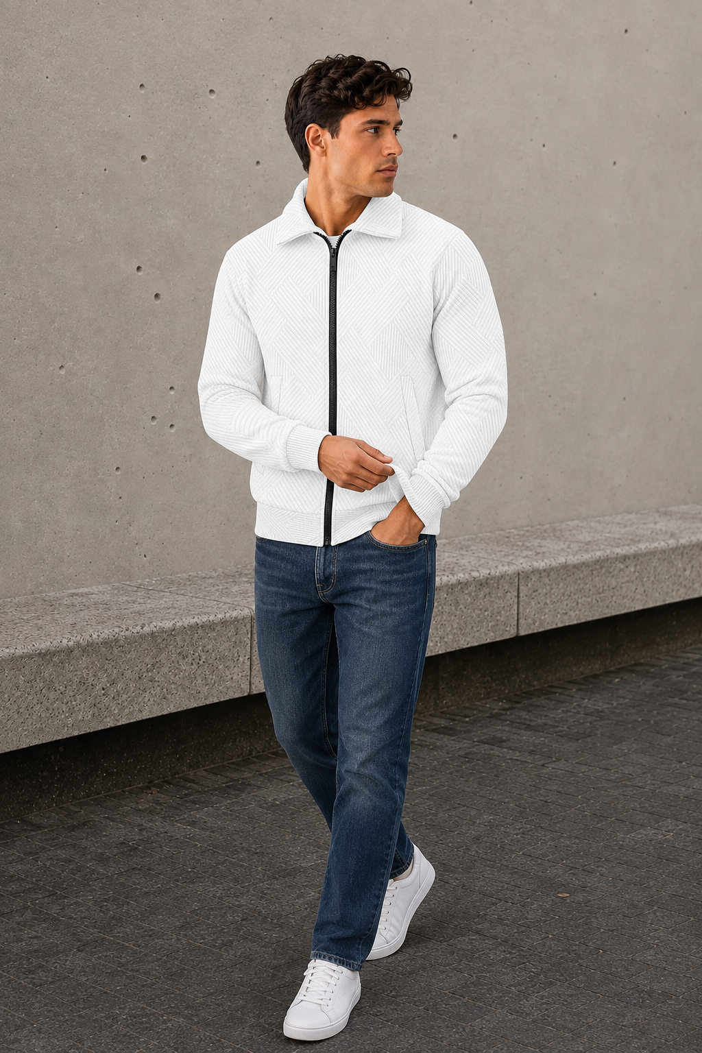 Men's white ribbed cardigan with full zip closure