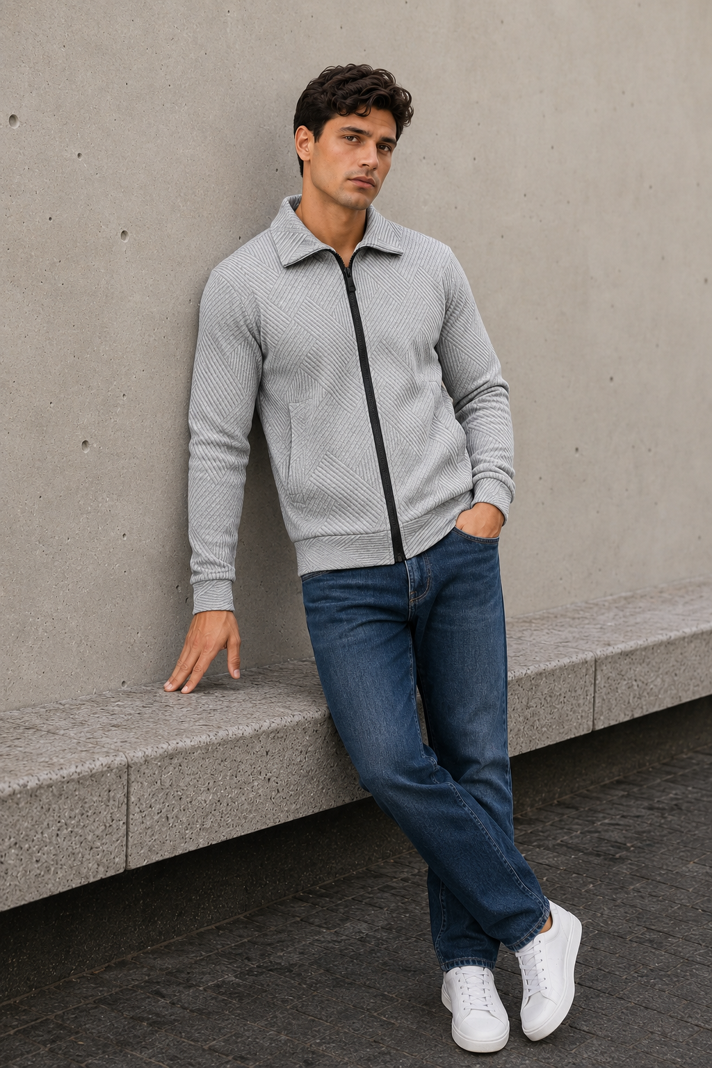 Men's light gray ribbed cardigan with full zip closure