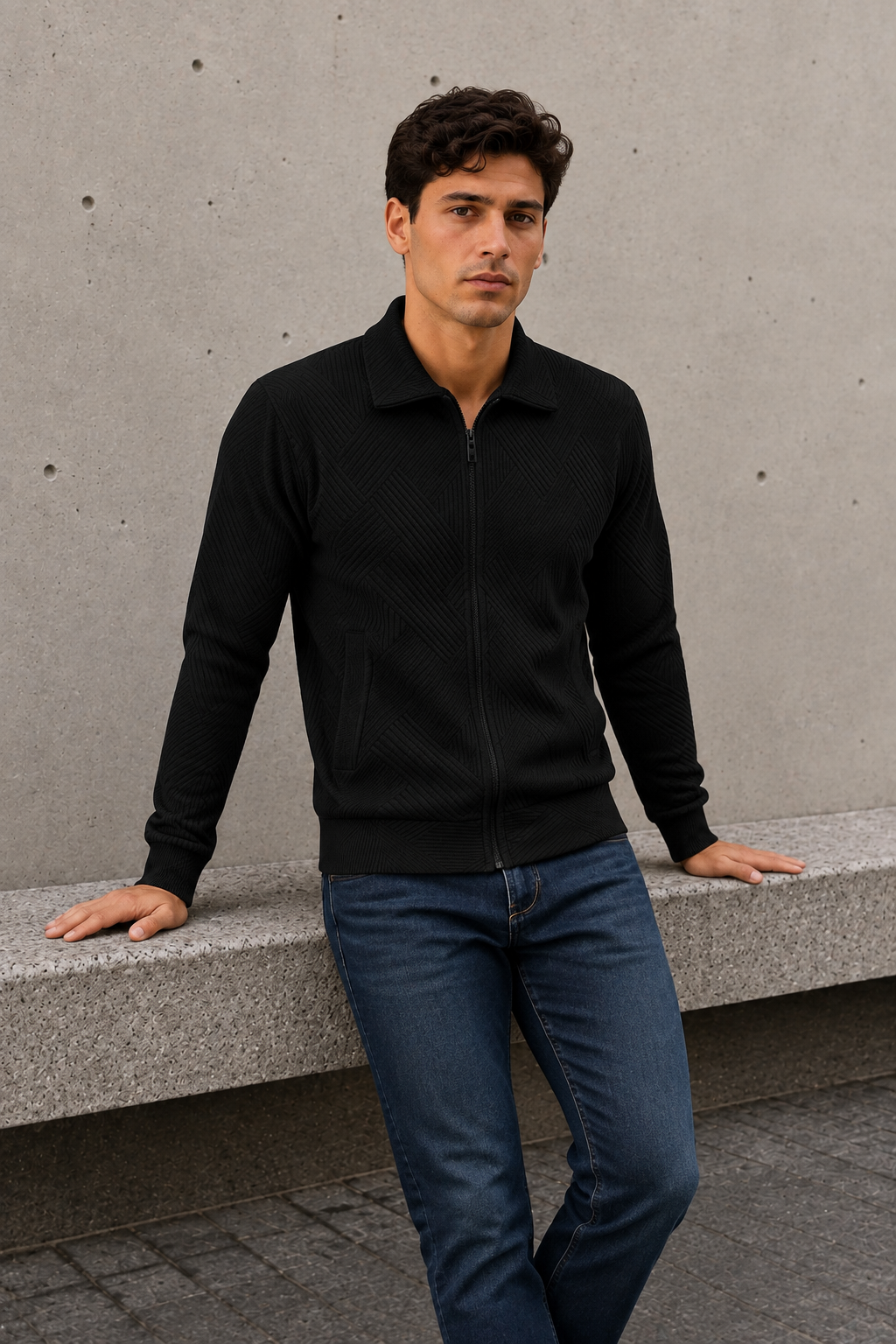 Men's black ribbed cardigan with full zip closure