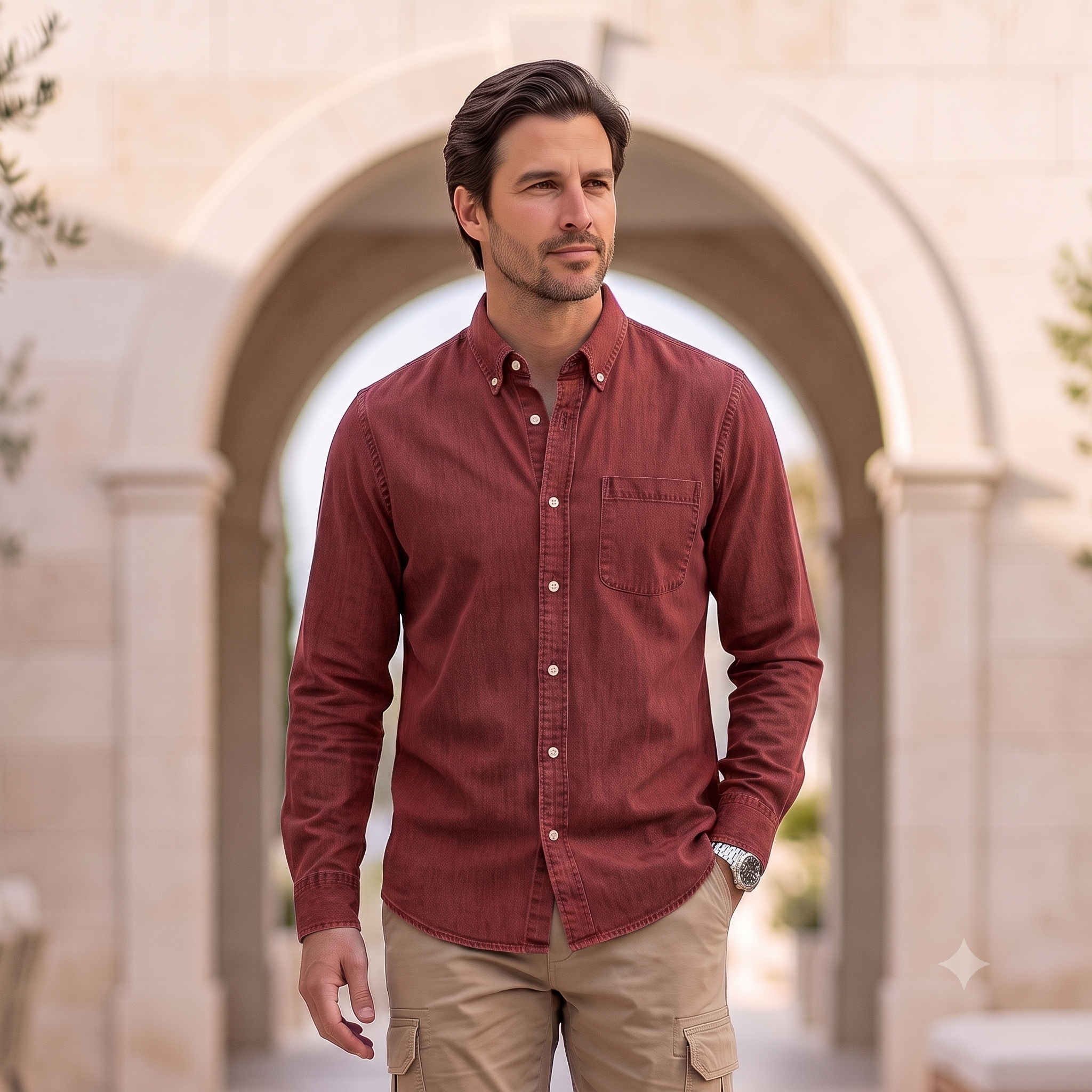 Men's denim shirt featuring a front button closure, chest pocket, and rounded hem