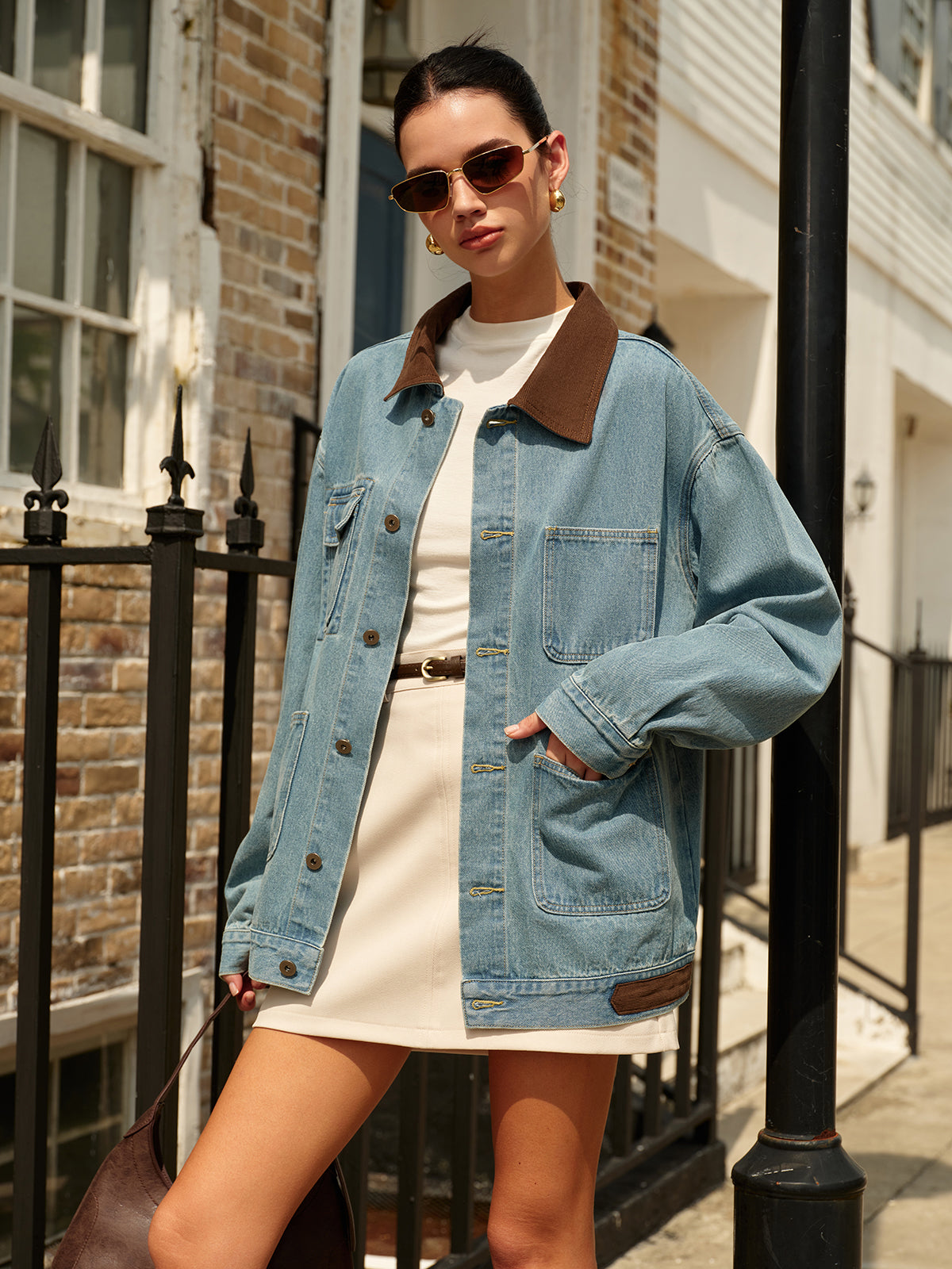 Women's Oversized Denim Jacket with Contrast Collar