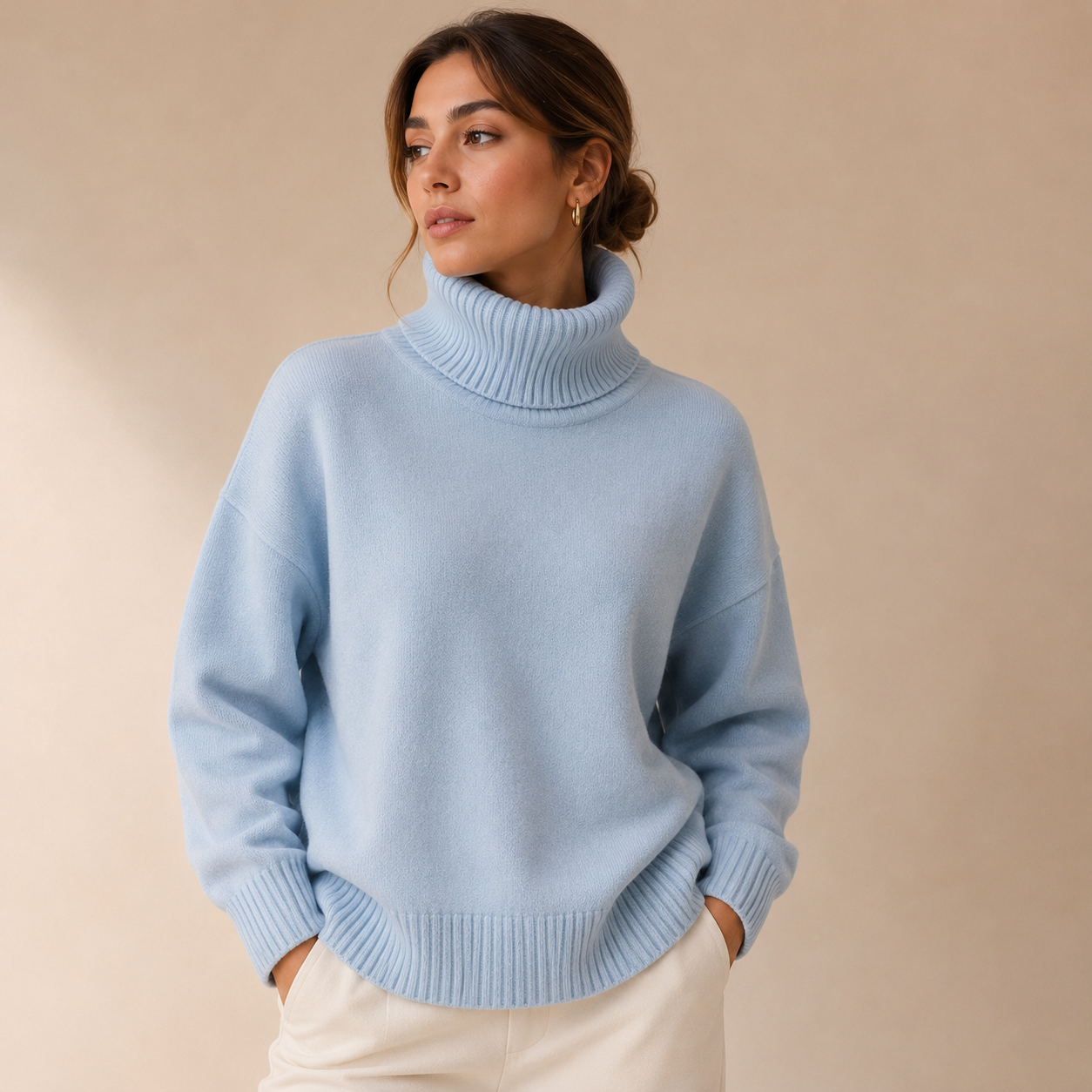 Blue oversized turtleneck sweater cotton blend women