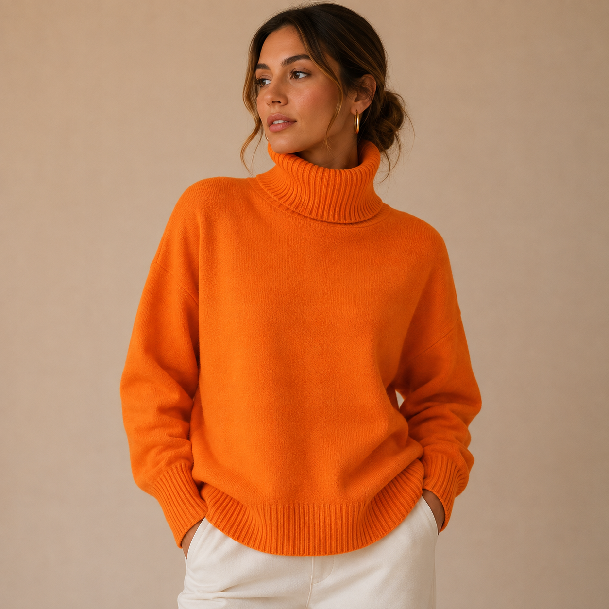 Orange oversized turtleneck sweater cotton blend women