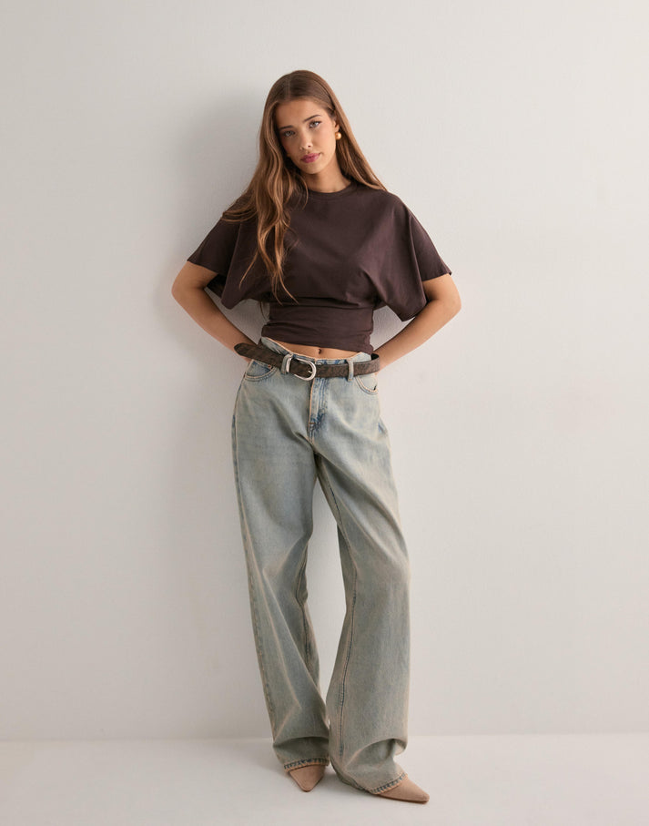 Women's draped short-sleeve top with fitted waist and round neckline