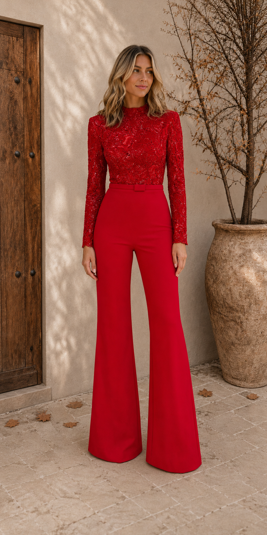 Women's two-piece set with long-sleeve lace top and wide-leg trousers, front view