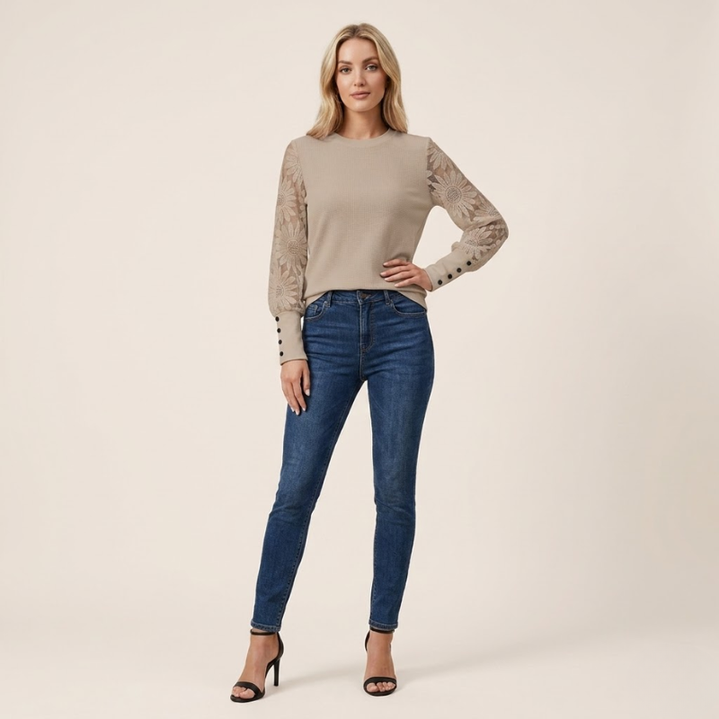 Women's fitted lace sleeve blouse with knit fabric, straight hem, and long sheer lace arms