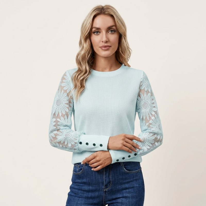 Women's long-sleeved lace sleeve top with round neckline, knit construction, and slim silhouette
