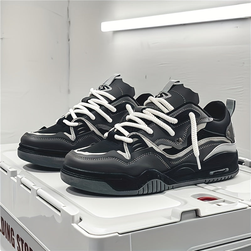Men's low-profile sneakers with chunky molded sole, lace-up closure, padded collar, and panel construction with contrast stitching