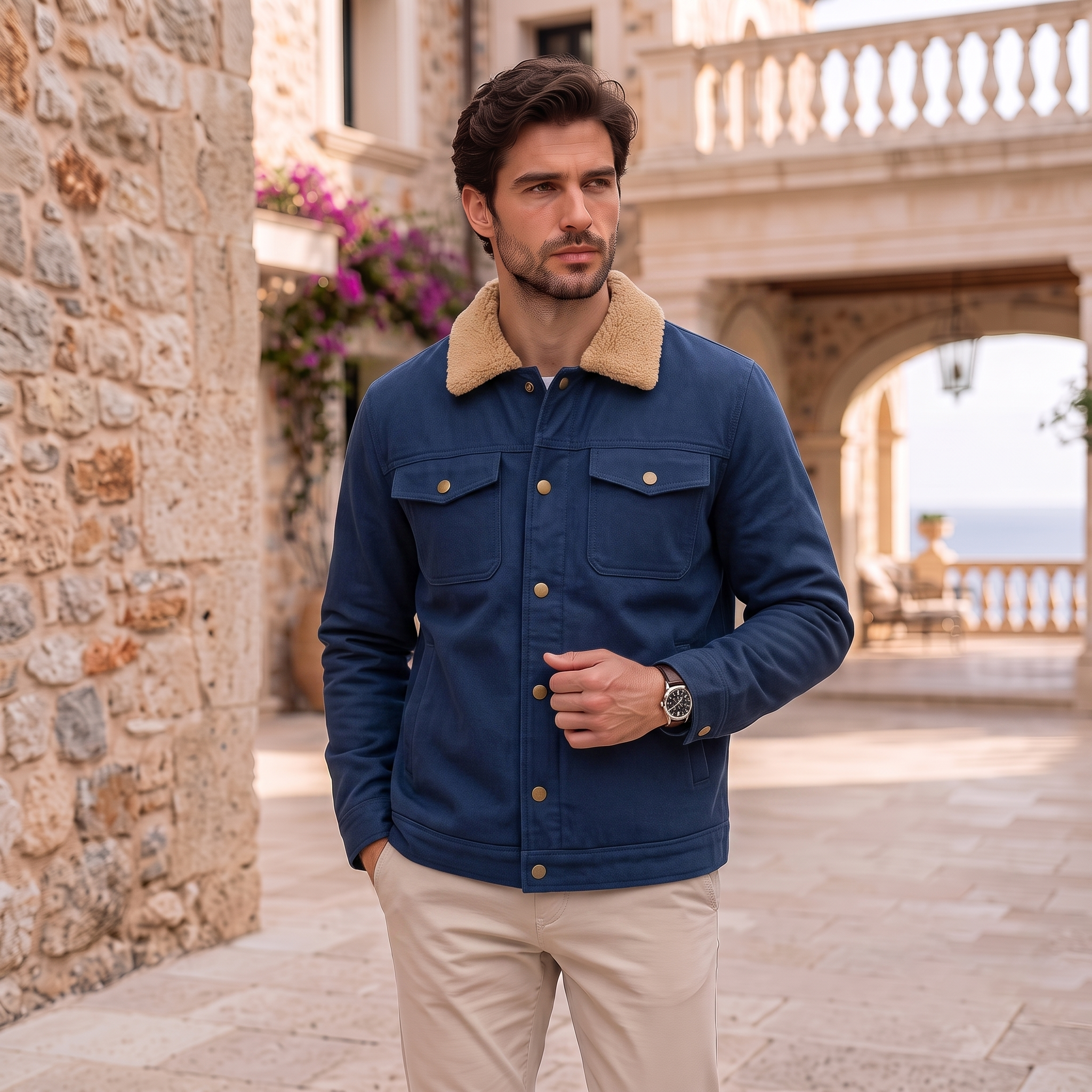 Men's autumn winter jacket with shearling-look collar, regular fit, and reinforced seam detailing