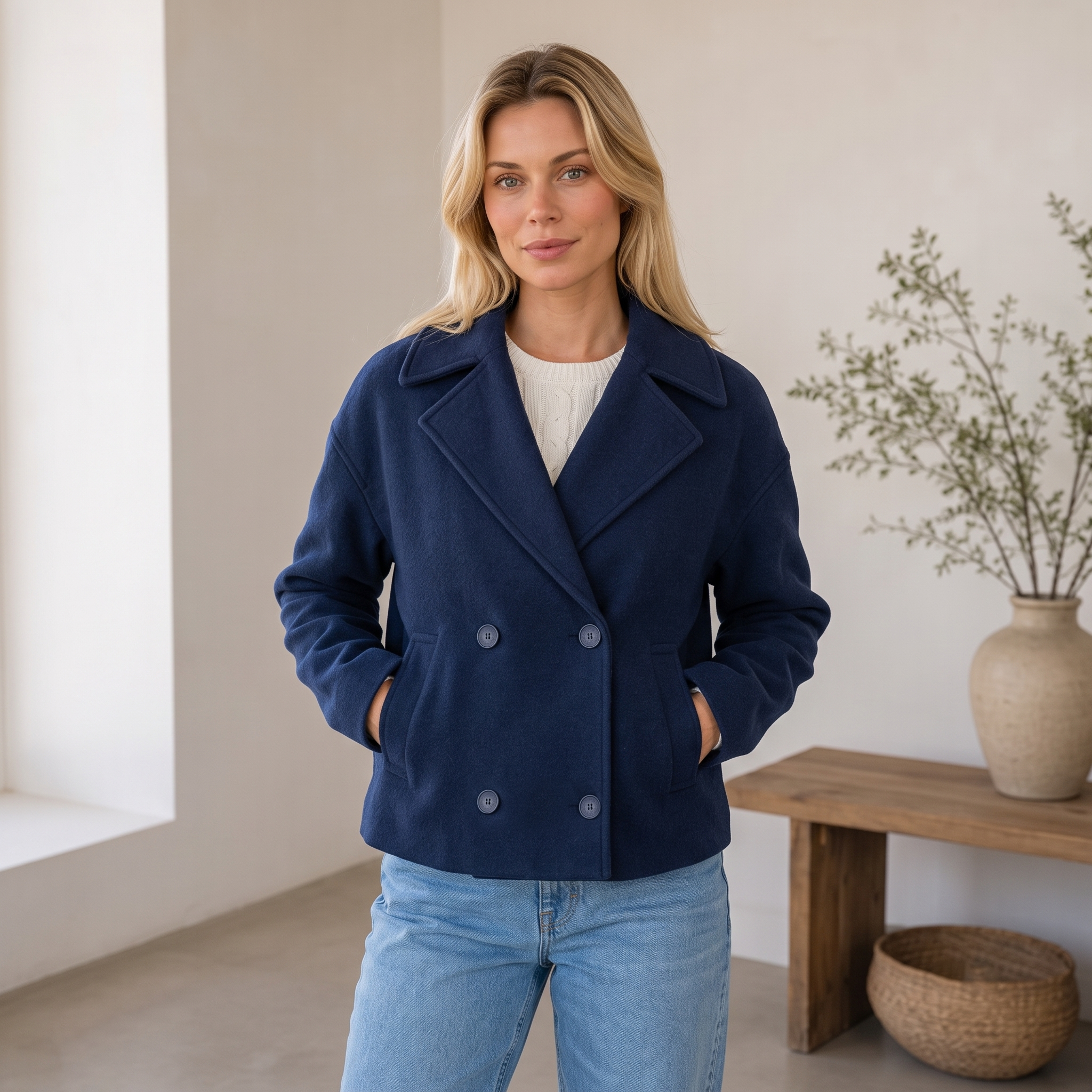 Women's short double-breasted wool coat with long sleeves and structured panel construction
