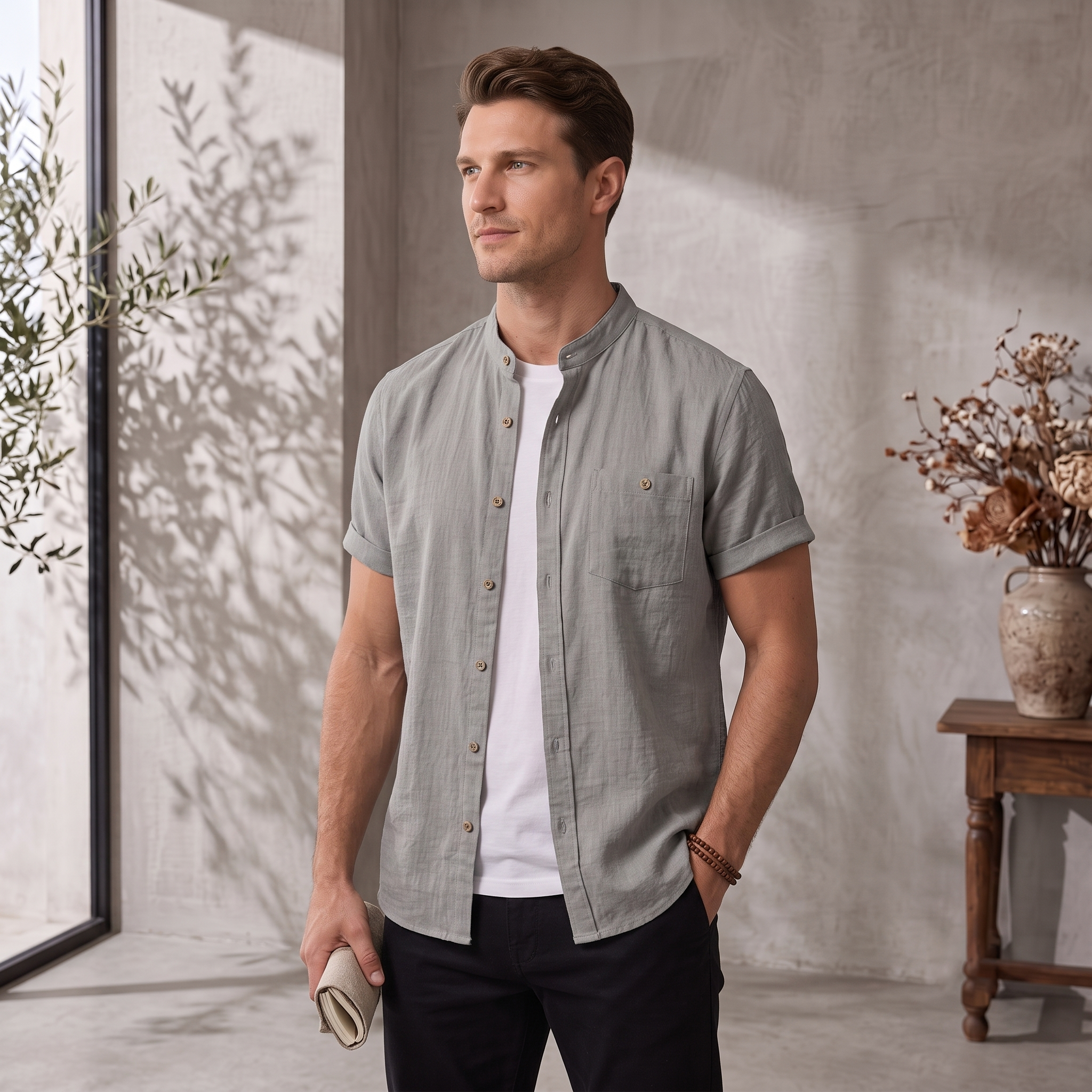Men's woven short-sleeve shirt with chest pocket and rounded hem