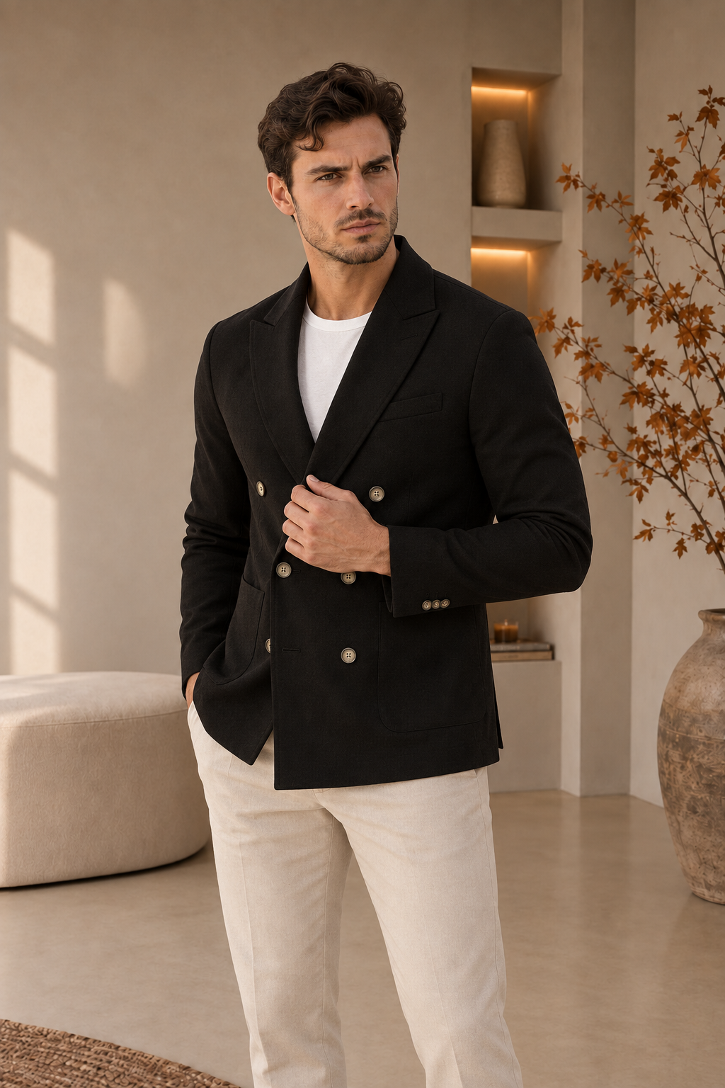 Black double breasted blazer men front view