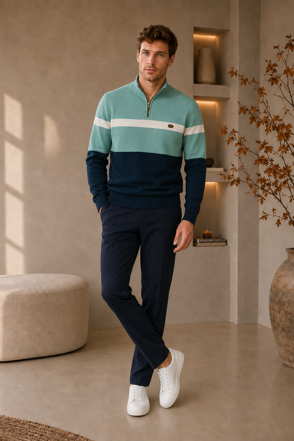 Elston Heritage men's quarter-zip sweater in green navy