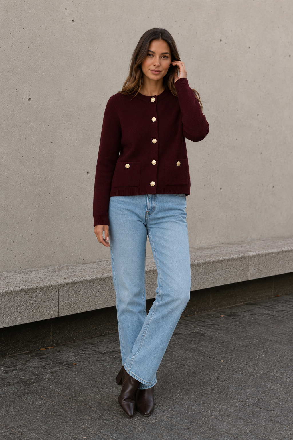 Burgundy knitted button cardigan women