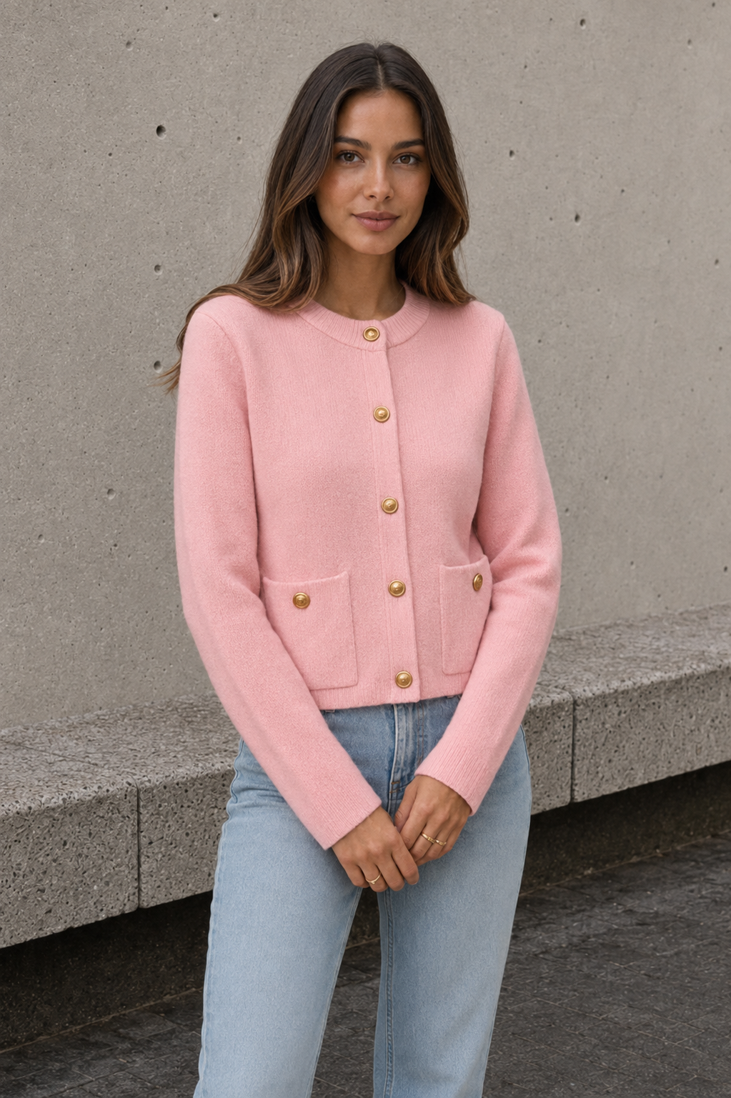 Bright yellow knitted button cardigan women