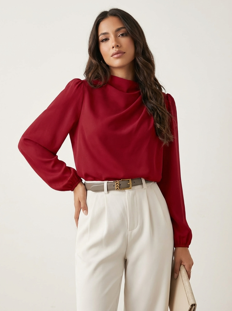 Women's regular-fit blouse with high neckline, draped front, and clean seam construction