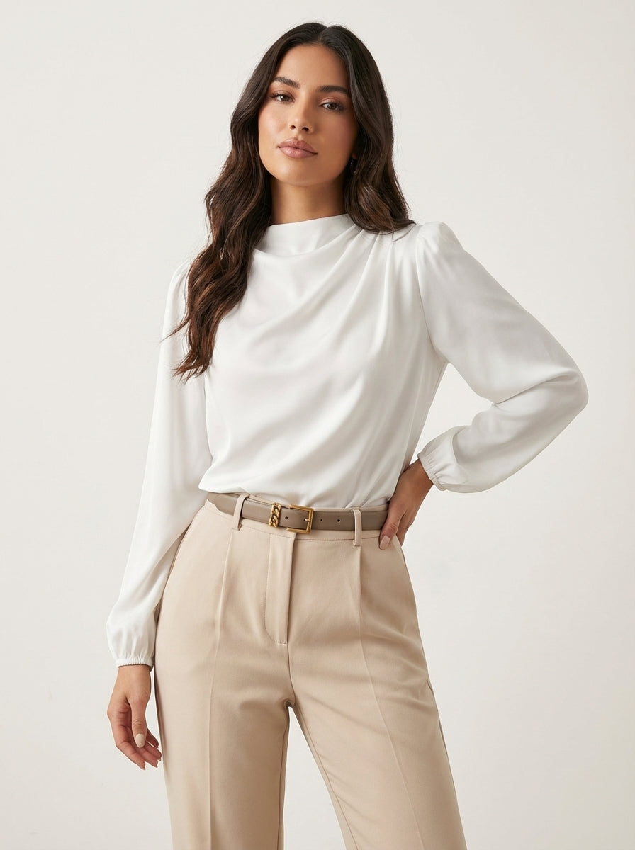 Women's long-sleeve blouse with structured silhouette and high draped neckline