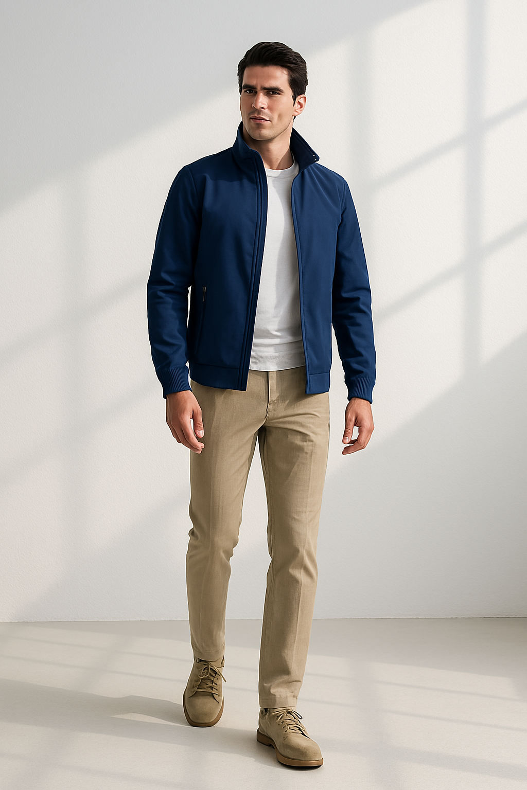 Men's zip-up jacket with stand-up collar and long sleeves with elastic cuffs