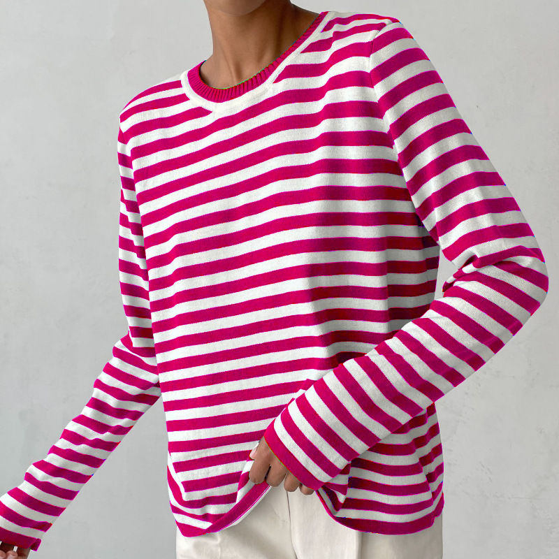 Long-sleeved women's knit top with horizontal stripe pattern