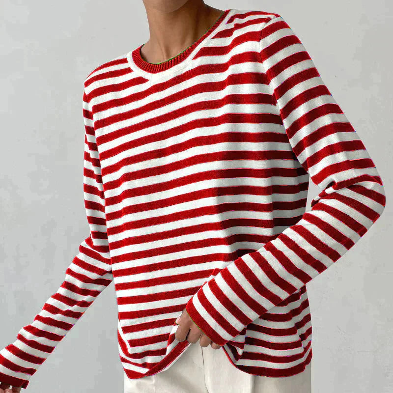 Women's striped long-sleeved knit top with relaxed silhouette